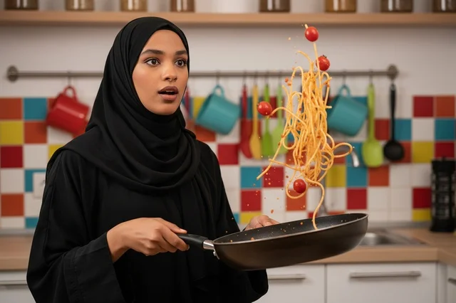 Arab Woman in Abaya Cooking Spaghetti in Modern Kitchen