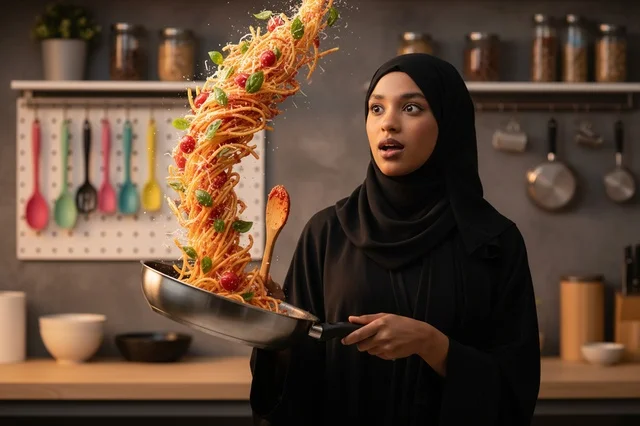 Saudi Woman in Abaya Cooking Flying Pasta in Kitchen