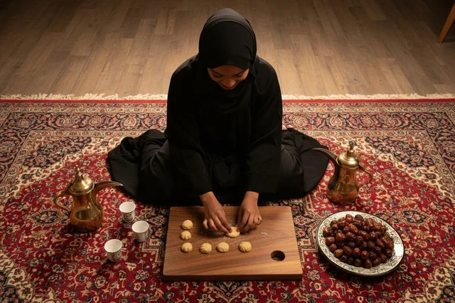 امرأة سعودية بالعباءة تحضر الحلويات والقهوة العربية
