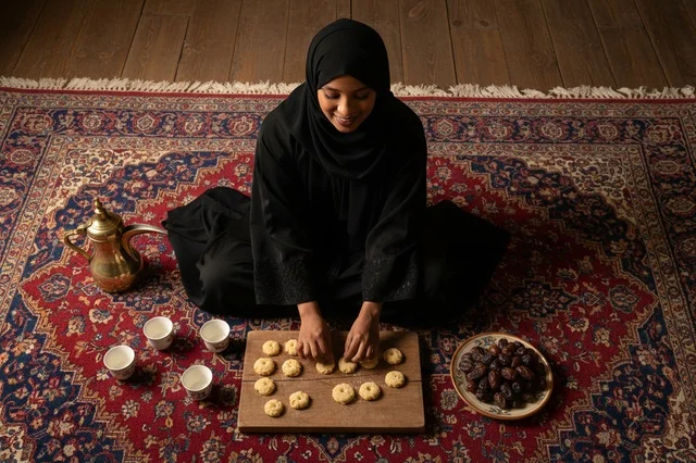 Saudi Woman in Abaya with Arabic Coffee and Dates