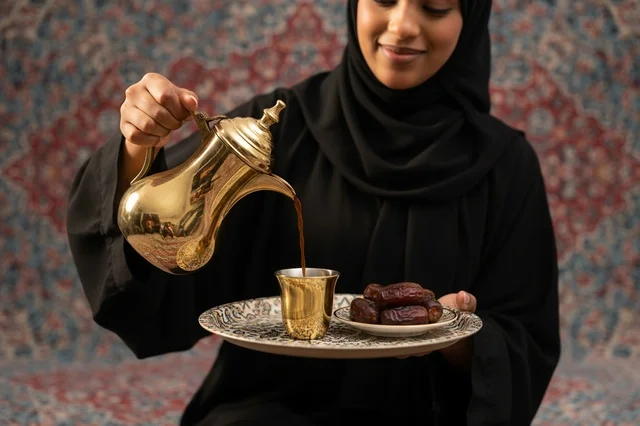 امرأة سعودية تسكب القهوة العربية مع التمر