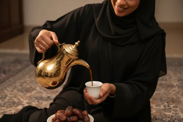 Saudi Woman Pouring Traditional Arabic Coffee from Dallah