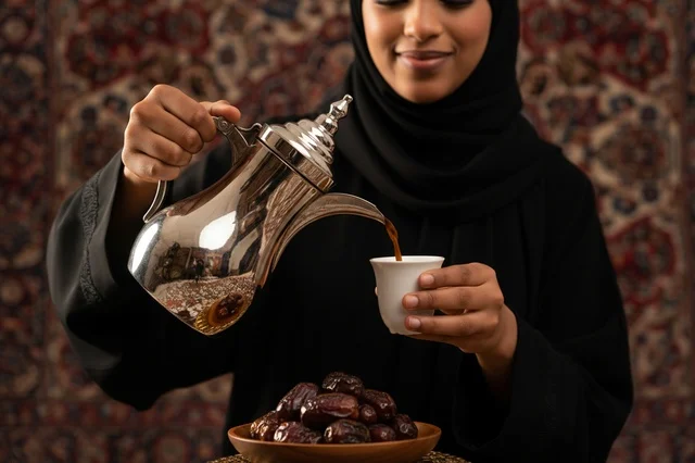 امرأة سعودية تصب القهوة العربية من دلة فضية