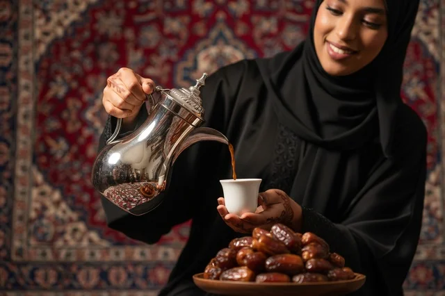 امرأة سعودية تصب القهوة العربية من دلة فضية