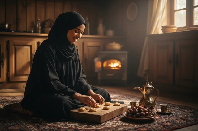 A Saudi woman in an abaya is drinking Arabic coffee next to the oven.