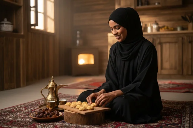 امرأة سعودية بالعباءة تحضر الحلويات التقليدية