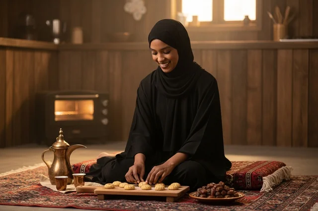 African Woman in Abaya Preparing Traditional Cookies