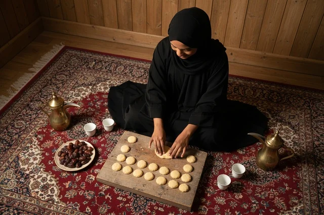 Saudi Woman in Abaya Preparing Traditional Cookies