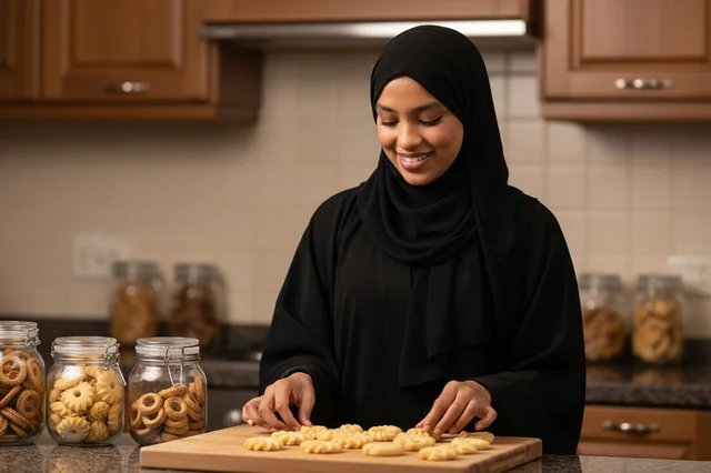 Emirati Woman Baking Traditional Biscuits in Kitchen