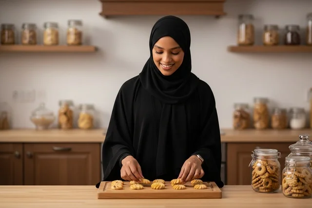 امرأة سعودية بالعباءة السوداء تحضر البسكويت في المطبخ