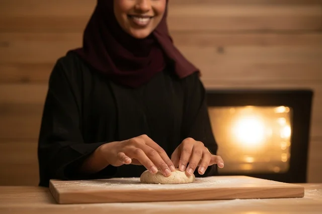 Saudi Woman in Abaya Kneading Dough in Kitchen