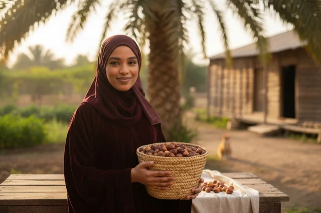 امرأة سعودية تحمل سلة تمر في مزرعة نخيل