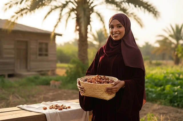 امرأة سعودية تحمل سلة تمور في المزرعة وقت الغروب