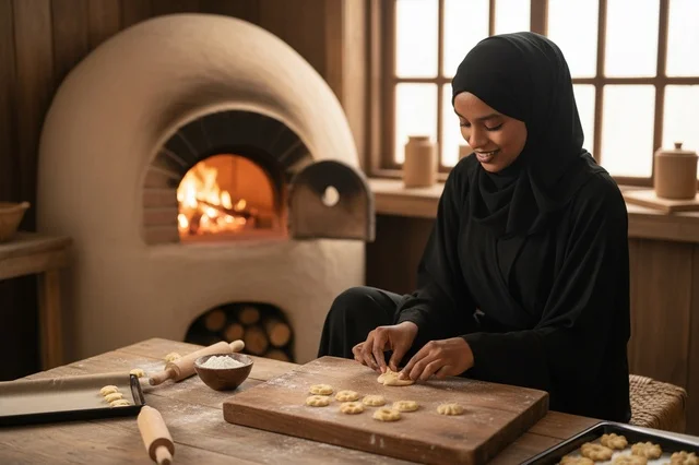 امرأة عربية تخبز الكعك في فرن طيني تقليدي