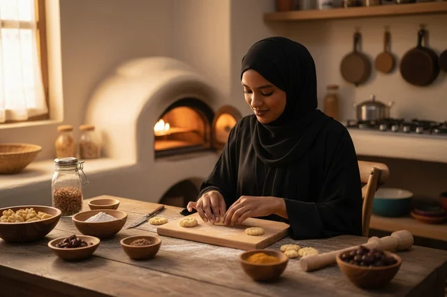امرأة إماراتية تخبز البسكويت التقليدي في مطبخ ريفي