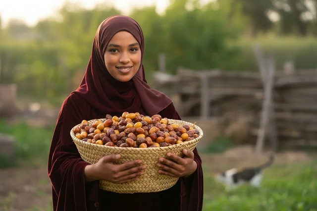 امرأة سعودية تحمل سلة تمر طازج في المزرعة