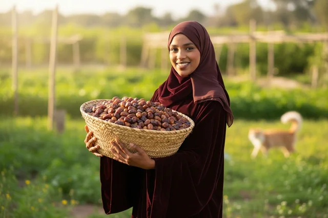 Saudi Woman Holding Date Basket in Farm Harvest