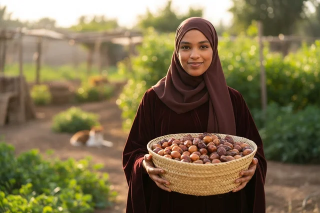 امرأة سعودية تحمل سلة تمر في المزرعة