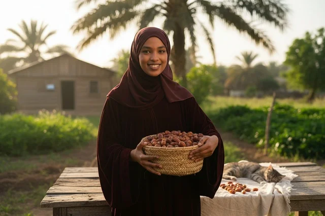 Sudanese Woman Harvesting Dates in Rural Farm at Sunset