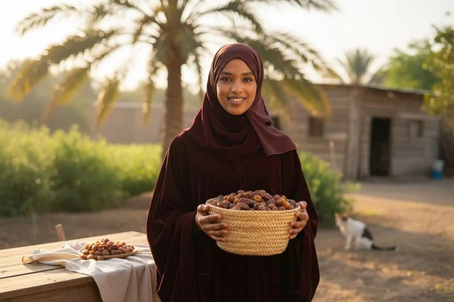 امرأة سعودية تحمل سلة تمور في مزرعة نخيل