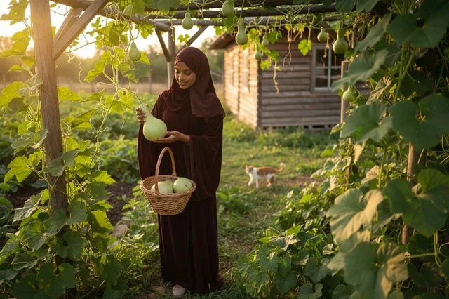 امرأة مسلمة تحصد اليقطين في حديقة ريفية وقت الغروب امرأة مسلمة تحصد اليقطين في حديقة ريفية وقت الغروب