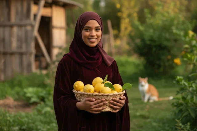 African Woman in Hijab Holding Lemon Basket in Garden