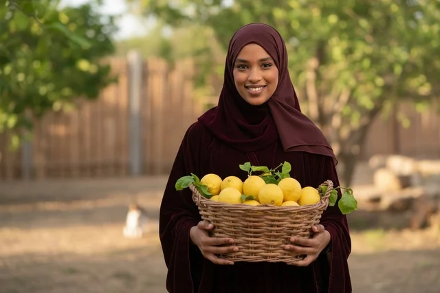 امرأة صومالية تحمل سلة ليمون في بستان زراعي