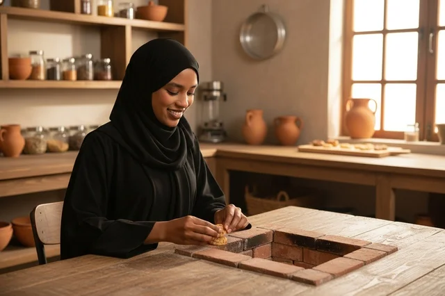 African Woman in Hijab Baking in Traditional Kitchen
