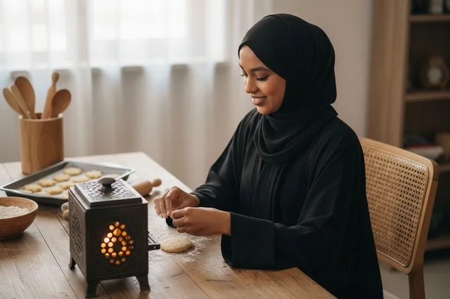 امرأة إماراتية بالعباءة تخبز في مطبخ تقليدي