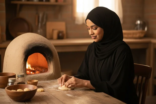 امرأة إماراتية تعجن العجين في فرن طيني تراثي
