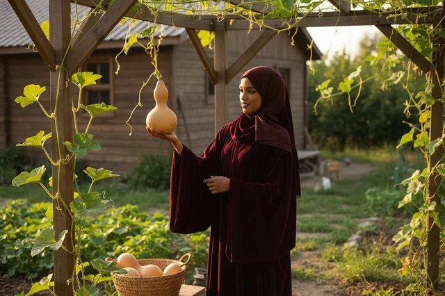 امرأة مسلمة سمراء تحصد اليقطين في مزرعة عضوية