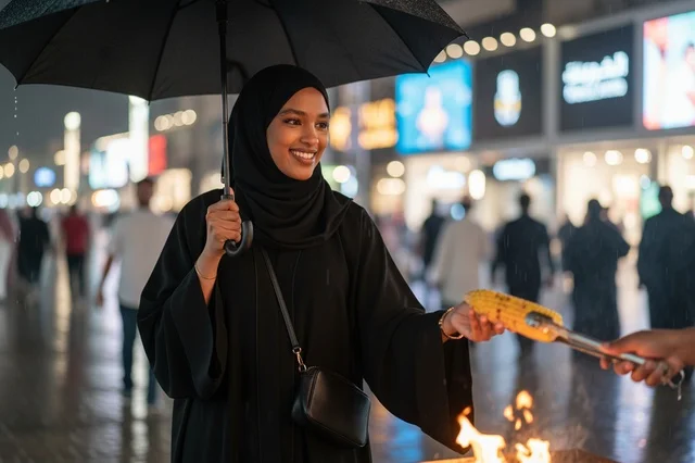 امرأة سعودية بالعباءة والمظلة تشتري طعام الشارع ليلاً
