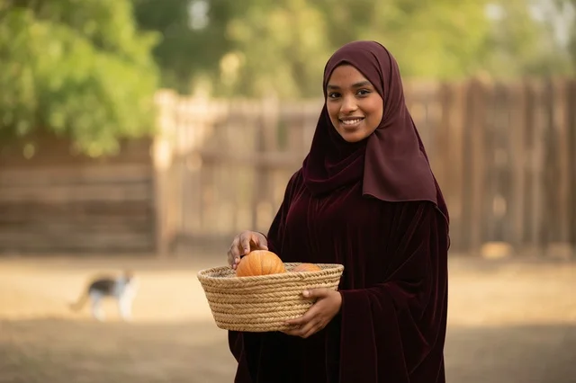 Sudanese Woman in Brown Abaya Holding Harvest Basket Sudanese Woman in Brown Abaya Holding Harvest Basket