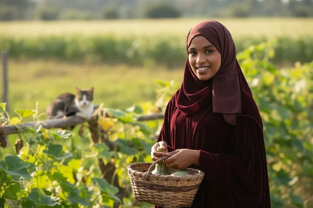 African Muslim Woman Farmer with Harvest Basket