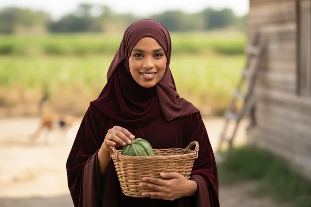 امرأة مسلمة أفريقية مع سلة حصاد في مزرعة ريفية
