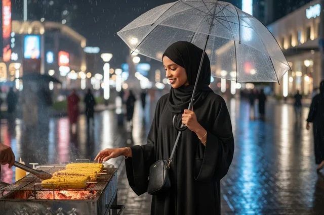 امرأة سعودية بالعباءة والمظلة تشتري طعام الشارع ليلاً