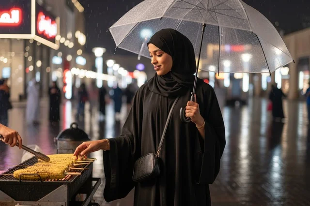 Saudi Woman with Umbrella Buying Street Food at Night