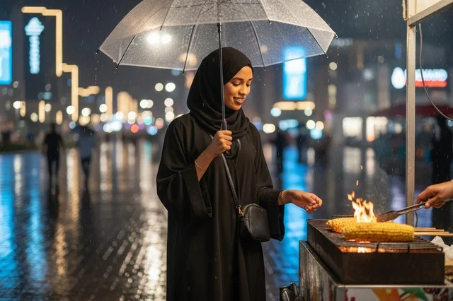 Saudi Woman with Umbrella at Night Street Food Stall