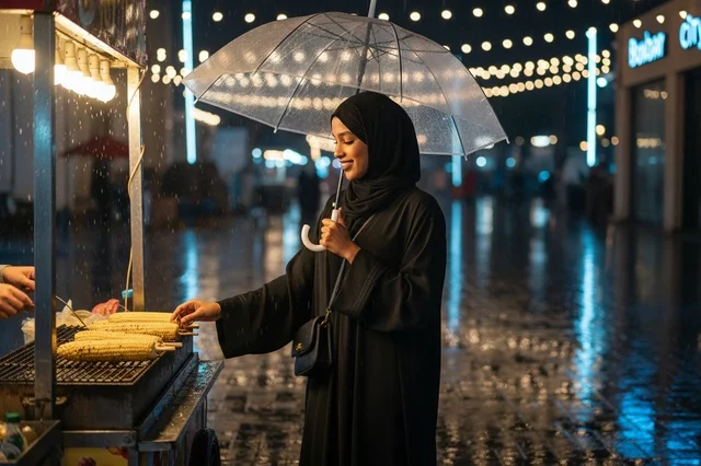 امرأة سعودية بالعباءة عند عربة طعام في الليل