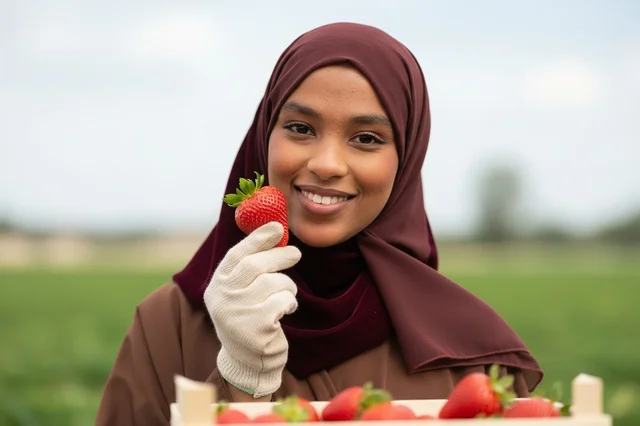 امرأة أفريقية محجبة تحصد الفراولة الطازجة