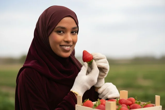 Somali Woman Harvesting Fresh Strawberries in Field
