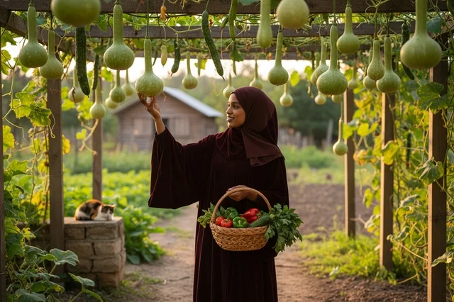 Somali Woman Harvesting Vegetables on Farm at Sunset