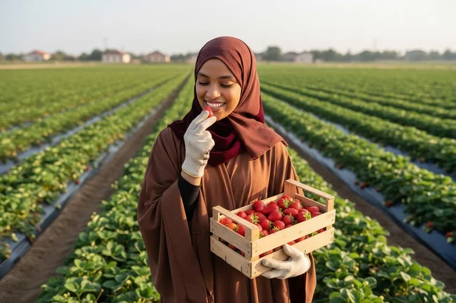 امرأة أفريقية محجبة تحصد الفراولة الطازجة في الحقل
