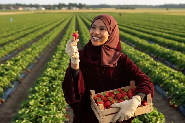 African Woman in Hijab Harvesting Strawberries at Sunset