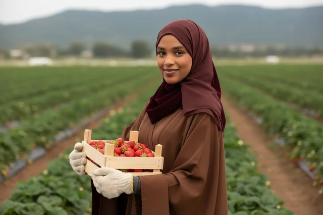 African Woman in Hijab Harvesting Strawberries