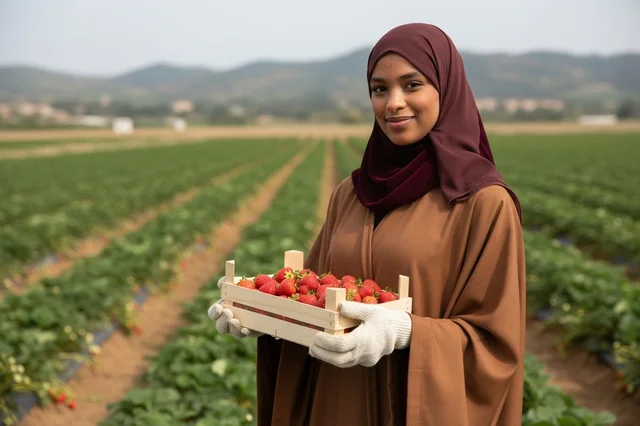Arab Woman Holding Strawberry Crate in Farm Field