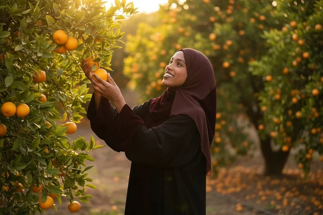 امرأة أفريقية تقطف البرتقال في البستان وقت الغروب