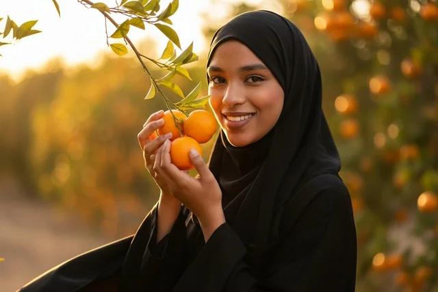 امرأة عربية بالعباءة السوداء تمسك برتقال وقت الغروب