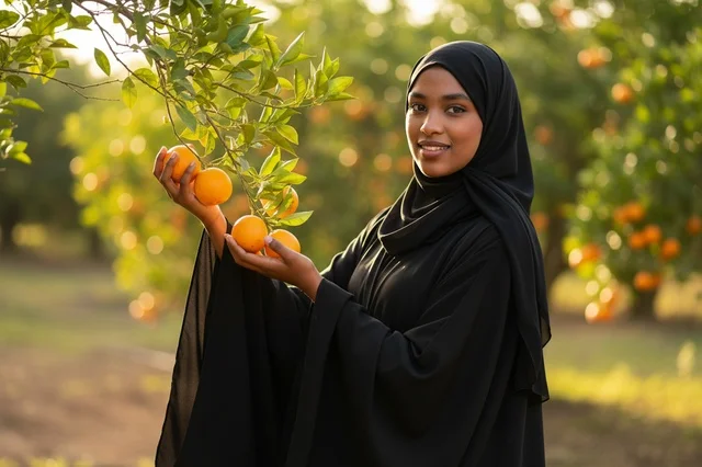 African Woman in Black Abaya Picking Oranges