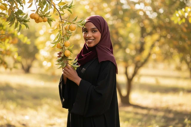 Black Woman in Abaya Standing in Orange Grove